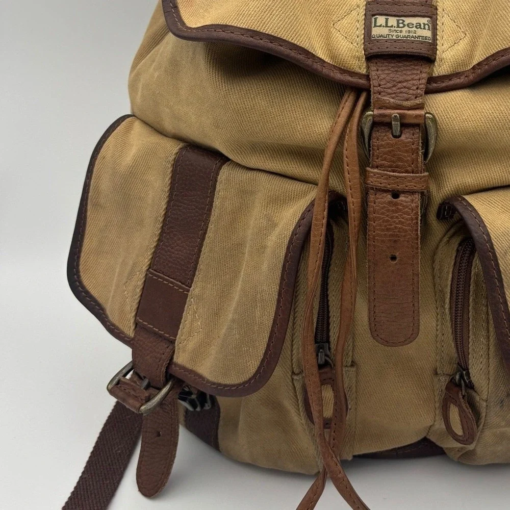 VINTAGE L.L. BEAN Rucksack Backpack Brown Canvas Leather Hiking RARE Utility Bag